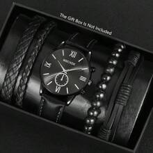 5pcs Men's Watch PU Leather Fashion Casual Roman Mixed Scale Dial Quartz Watch With Jewelry Accessories Rock Hip Hop Men's Bracelet Set Party Gift Beach Vacation Valentine Gift