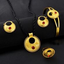Set de 4 piezas de joyería clásica geométrica para mujer: collar, aretes, anillo, brazalete. Regalo de joyería de boda de lujo africana y de Dubai