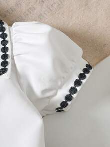 2pcs Baby Girls Casual Puff Sleeve Shirt+Plaid Ruffle Skirt Outfit, Suitable For Spring/Summer Outdoor - White - View 4