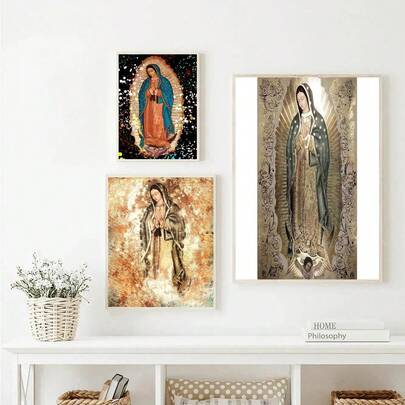 1 pieza/3 piezas Obras de arte para pared con opción de marco, Arte religioso. Pintura en lienzo con estilo retro de Nuestra Señora de Guadalupe, arte católico religioso, decoración de pared, imagen de La Virgen de Guadalupe, decoración del hogar