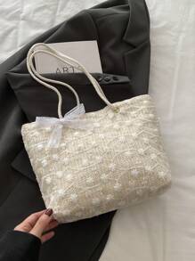 Bolsa de praia estilo férias de palha floral, bolsa casual de um ombro da moda para meninas