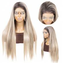 Blonde Ombre 13x4 Synthetic Lace Front Wigs For Women 22 Inch Long Straight Glueless Kanekalon Hair Resistant Synthetic Hair Wigs Free Part 150% Density HD Transparent Wear And Go Wigs Heat Resistant Fiber Wigs For Women Daily Party Vacation Holiday Use