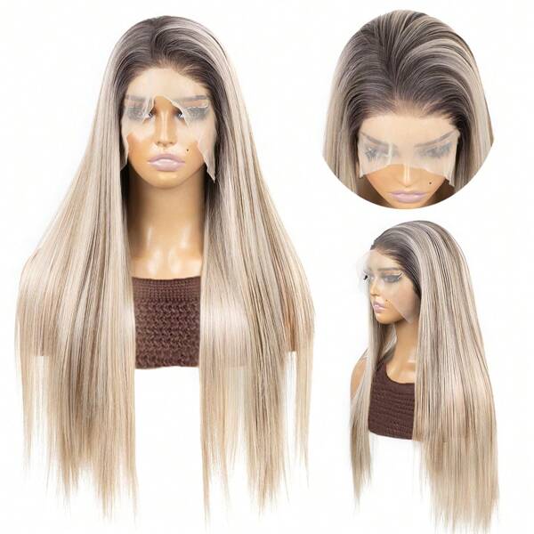Blonde Ombre 13x4 Synthetic Lace Front Wigs For Women 22 Inch Long Straight Glueless Kanekalon Hair Resistant Synthetic Hair Wigs Free Part 150% Density HD Transparent Wear And Go Wigs Heat Resistant Fiber Wigs For Women Daily Party Vacation Holiday Use