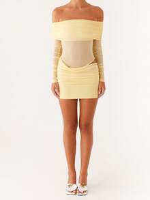 Women Mini Off Shoulder Dress Slim Ruched Solid Color Cut Out Long Sleeve Backless Short Mesh Bodycon Dress - 黃色 - 查看 1