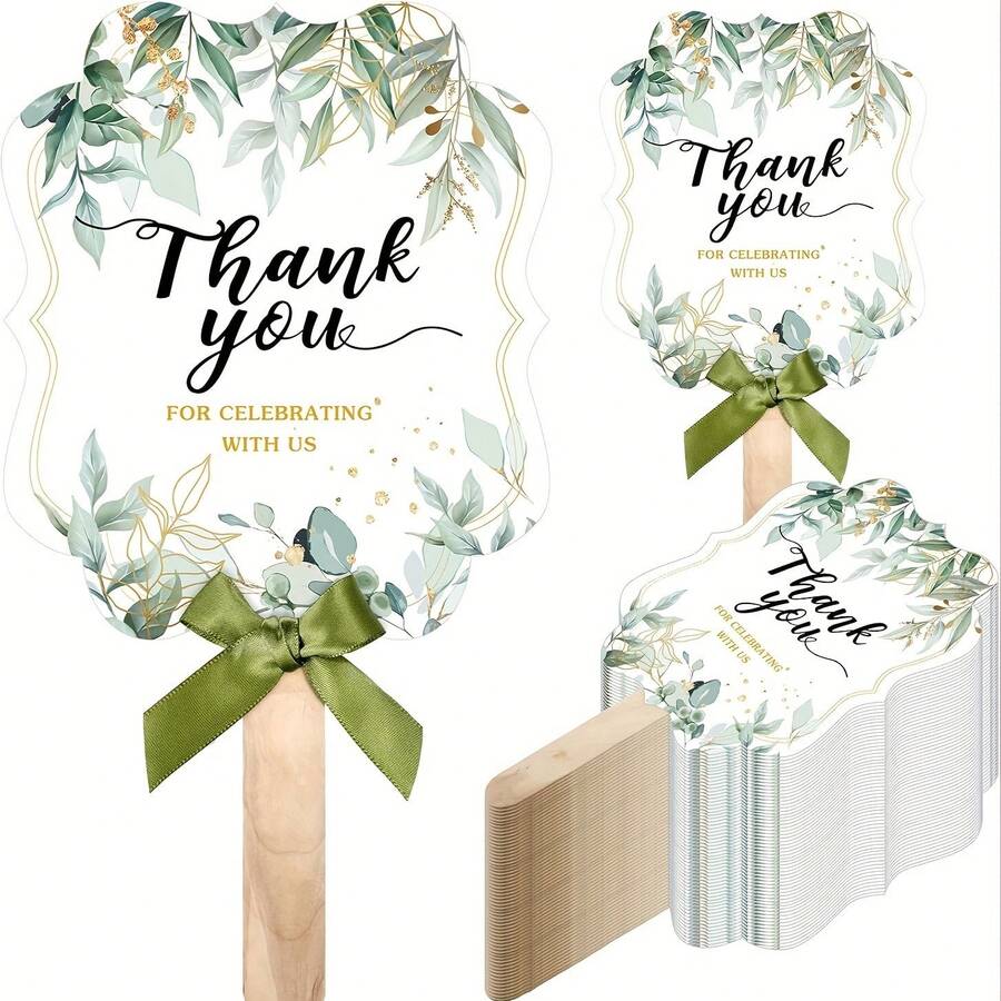50 Pieces Of  Green Floral Handheld Fans With Bows And Sturdy Wooden Handles - Perfect For Weddings, Bridal Showers, Anniversaries, Birthdays, And Home Decor - 綠色 - 查看 1