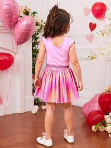 Vestido tipo tutú con talle en tejido de punto estampado con unicornio, manga corta, cuello redondo, combinado con tela plisada en color rosa tornasol. - Rosa - Ver 2