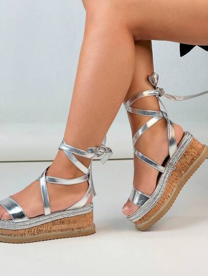 Peeptoe-sandalen met bandjes, casual, buiten, prachtig, schattig, elegant, feest, preppy, avant-garde, veterschoenen, gekruiste bandjes, plateausandalen