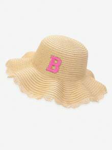 1pc 26 Alphabet Customized Kids Straw Hat With Flower Lace Brim, Suitable For Gifts, Daily Outings, Picnics, Sun Ion, Beach Vacations - Light Khaki - View 33