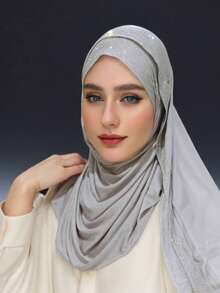 1 Piece Women's Hot Diamond Plain Jersey Hijab Shawl Soft Headscarf Arabic Casual Long Scarf Conservative Solid Color Headscarf Suitable For Daily Use For Dress - A - View 4