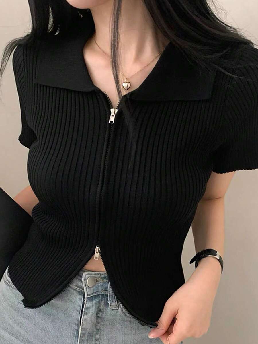 女式翻领双拉链罗纹修身针织衬衫上衣，夏季 - 黑色 - 查看 1