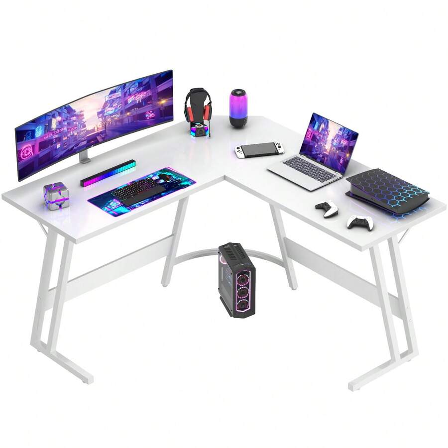 DEVOKO Computer Desk, L-Shaped Corner Desk, Gaming Desk, Workstation For Home Office  Easy To Assemble, White And Black - 白色 - 查看 1
