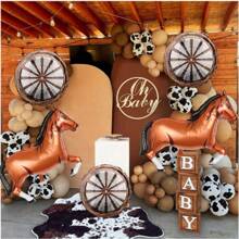 7pcs Western Cowboy Theme Horse Carriage Wheel Aluminum Foil Balloon Set, Irregular Brown Horse & Carriage Wheel Aluminum Foil Balloons, Suitable For Birthday Party, Theme Party, Anniversary, Equestrian Race, Retro, Outdoor Events, Holidays Decoration