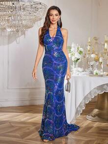 UNITHORSE Đầm dạ hội thanh lịch hở lưng, thêu sequin và đính cườm, kiểu dáng sang trọng. - Xanh đậm - Xem 7