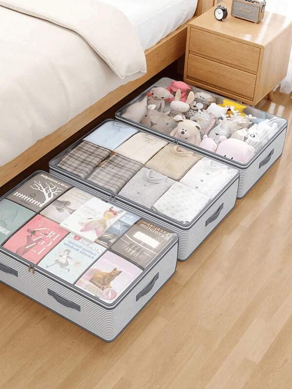 1PC Gray Clothes, Quilt, Storage Bag, Flat Toy Sorting Box Under Household Bed, Dormitory Bed Storage Tool, Moisture-Proof And Dustproof, Miscellaneous Sorting Bag, Waterproof And Moisture-Proof, Suitable For Storing Blankets, Clothes, Blankets, Toys, Idle Items, Etc