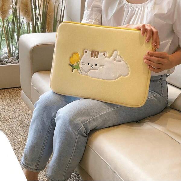 YOONI Funda para portátil con bordado de tulipanes y gatos en estilo coreano INS, se ajusta a tablets de 9.7", 10.2" y 11", y portátiles de 13", 14", 15" y 15.6", funda protectora suave para la escuela y el trabajo