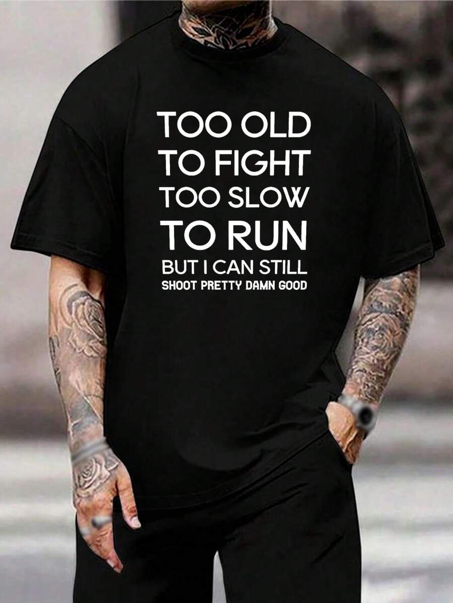 Camiseta divertida de hombre mayor - Demasiado viejo para pelear, demasiado lento para correr - Camiseta gráfica divertida para papá, abuelo, veteranos, tiradores - Algodón negro, cuello redondo - Negro - Ver 1