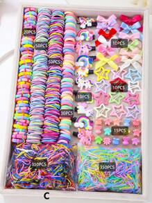 890pcs/Pack Kids Pink Heart & Bow Decor Hair Clips, Hairbands, Ponytail Holders, Hair Accessories, Everyday Use And Gift