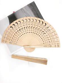 1pc Sandalwood Hollow Wooden Fan Wooden Fan Color Sandalwood Wooden Fan Hollow Folding Fan Printed Wooden Handicraft Fan Imitation Sandalwood Fan, Ideal Choice For Gifts