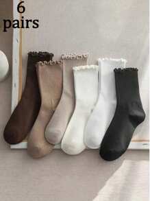 1/6 pares (mezclados al azar) Calcetines con volante para mujer, elegante estilo japonés/coreano versátil y lindo estilo universitario de media pierna, adecuados para atuendos de otoño/invierno