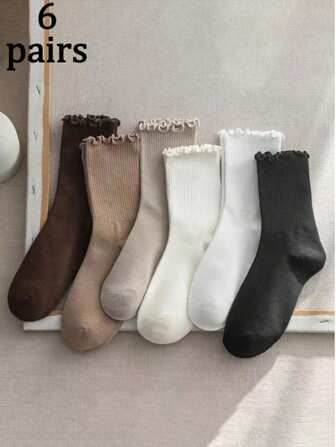 1/6 Pairs (Mixed Randomly) Women Lady Ruffle Edge Socks, Elegant Japanese/Korean Fashion Versatile Cute College Style Mid-Calf Socks, Suitable For Outfits, Autumn/Winter