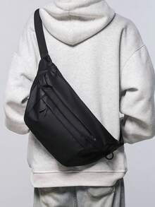 This Men's One Shoulder Sling Waist Bag Features A Cool Solid Color Design, With A Waterproof Black Oxford Cloth Material. - Black - View 1