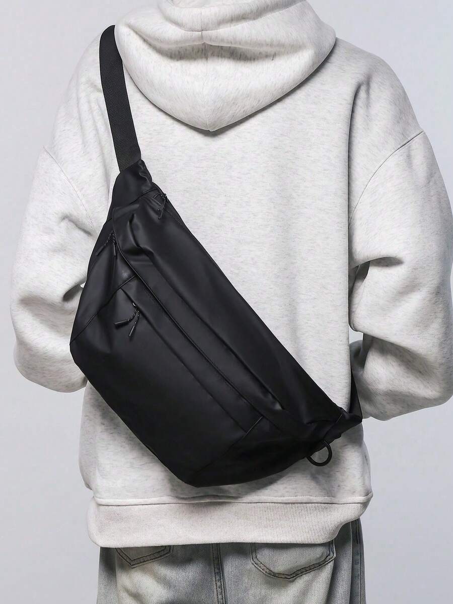 This Men's One Shoulder Sling Waist Bag Features A Cool Solid Color Design, With A Waterproof Black Oxford Cloth Material. - Black - View 1