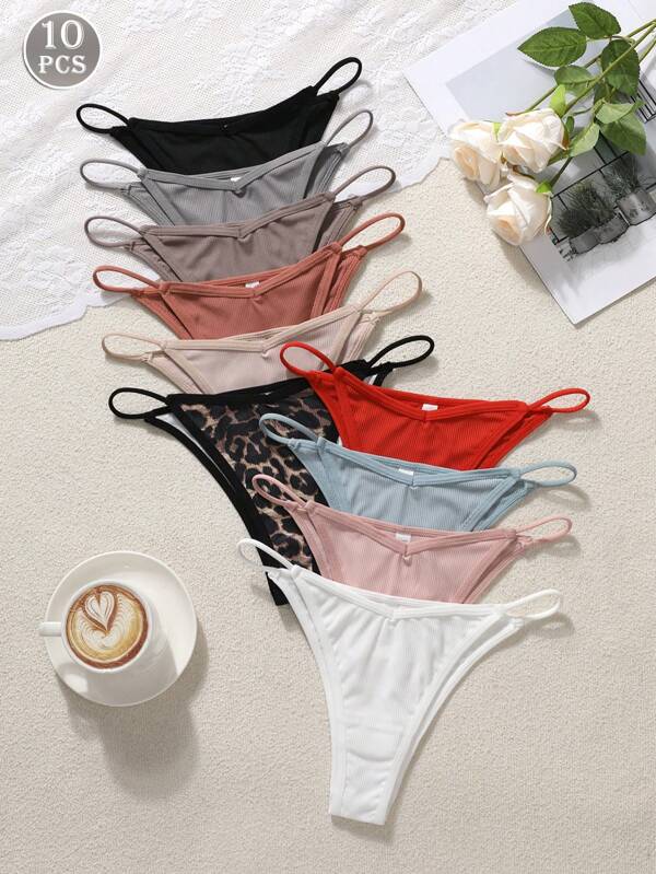 10 pezzi Set di perizoma donna a vita bassa, semplici, a maglia, senza cuciture e a righe, casual e confortevoli