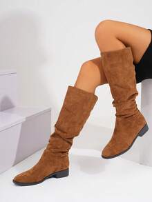 2025 New Style Ruched Velvet Stretchy Slim Fit Over-The-Knee Fashionable Mid-Calf Boots - Brown - View 3