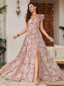 [Impresión aleatoria] Vestido de noche de gasa con cuello en V, mangas con encaje, abertura y bajo amplio para mujer UNITHORSE - Rosa - Ver 3