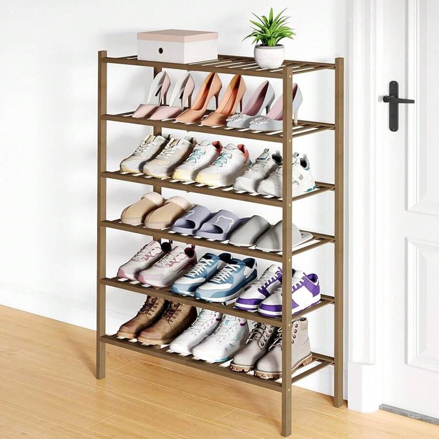 Shoe Rack Closet, 3 Tier Wooden Stackable Shoe Organizer, Standing Shoes Storage Shelf Entryway, Front Door Entrance, Natural - 核桃 - 查看 1