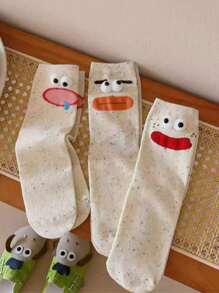 1/5 Pairs (Random Mix) Women Unique Wacky Cute Eye Dot Pattern Interesting Mid-Calf Socks, Suitable For Daily Outfit