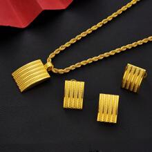 Set de bijuterii de culoare aurie 3 buc, colier cu pandantiv pătrat geometric, cercei inelar, cadou clasic elegant pentru petrecere de nuntă pentru mireasă africană