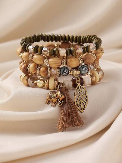 4 件套波西米亚复古串珠叶流苏吊坠多层手链，适合女士休闲、沙滩、度假穿着