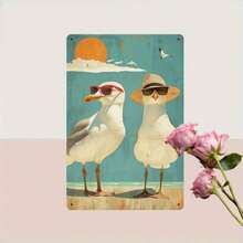 1 件复古海滩海鸥金属标牌 - 带太阳镜和海滩风景的复古墙面装饰 | 适用于咖啡馆、车库、学校、图书馆和餐厅 | 质朴的室内/室外装饰、咖啡馆装饰 | 海滩主题 | 耐用的金属标牌、海滩配件、随机风格