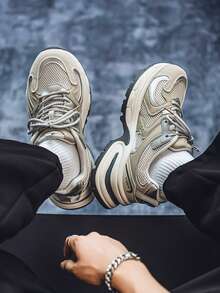 男士舒适百搭透气低帮休闲运动鞋，时尚厚底运动鞋，秋季 - 灰色 - 查看 5