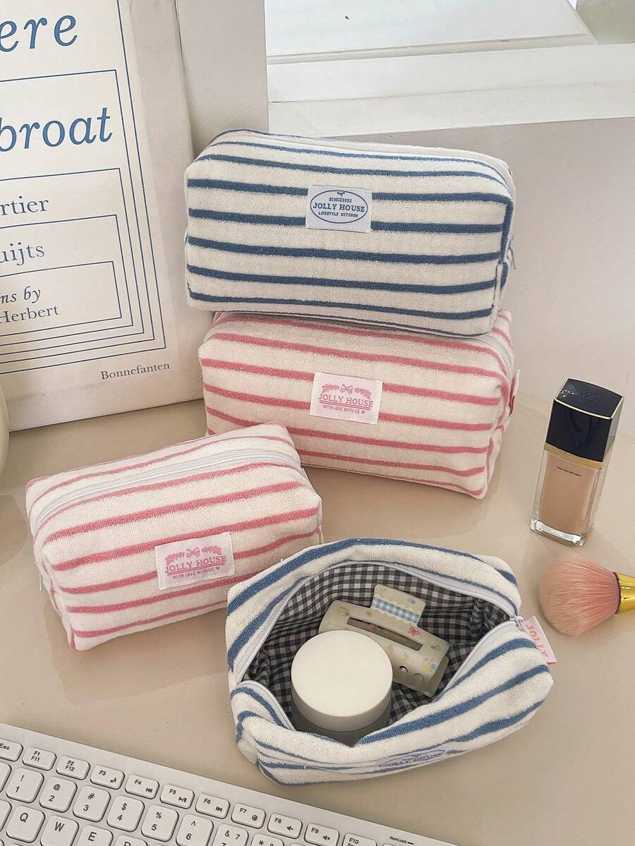 1Pc/Set Ins Style Plush Stripe Large Capacity Cosmetic Storage Bag, Fashionable Portable Makeup Bag, Girls Travel Make Up Bag ,Multi-Functional Storage Bag For Lipstick, Sanitary Napkin, Coins, Keys,Hair Clips ,Scrunchie Etc, Large Capacity Lovely Wash Bag For Travel Organizer Cosmetic Bag For Travel, Mother's Day Gift ,Back To School Gift ,New Year Gift - Multicolor - View 1