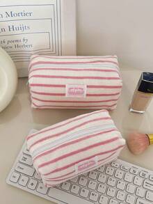 1Pc/Set Ins Style Plush Stripe Large Capacity Cosmetic Storage Bag, Fashionable Portable Makeup Bag, Girls Travel Make Up Bag ,Multi-Functional Storage Bag For Lipstick, Sanitary Napkin, Coins, Keys,Hair Clips ,Scrunchie Etc, Large Capacity Lovely Wash Bag For Travel Organizer Cosmetic Bag For Travel, Mother's Day Gift ,Back To School Gift ,New Year Gift - Multicolor - View 2