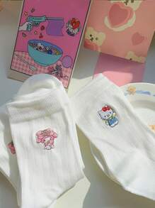 Sanrio 2 Pairs Sanrio Women'S Mid-Calf Socks - Cute For Hello Kitty Embroidered Pattern, White, Soft, Breathable, Sweat Absorbent, 200g/M² Fabric, Hand Wash Or Dry Clean, Solid Color, Perfect For Casual Or Formal Wear, Cute Sock