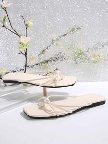 女士时尚拖鞋 - 轻便、透气、露趾、平底、休闲夏季鞋，配有舒适鞋垫和可调节鞋带，方便行走 - 米色 - 查看 3