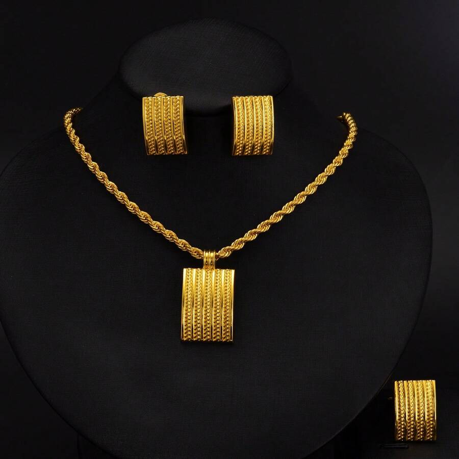 Set de bijuterii de culoare aurie 3 buc, colier cu pandantiv pătrat geometric, cercei inelar, cadou clasic elegant pentru petrecere de nuntă pentru mireasă africană