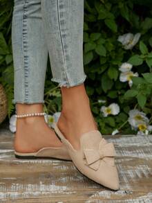 卡其色半包穆勒鞋，尖头女式一脚蹬乐福鞋，蝴蝶结装饰，优雅百搭露背设计平底鞋，适合春夏季 - 卡其色 - 查看 5