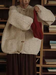 Alicedudu Áo khoác cardigan cổ tròn thiết kế nút sừng phong cách nghệ thuật cổ điển dành cho nữ, mùa thu/đông - Màu be - Xem 7
