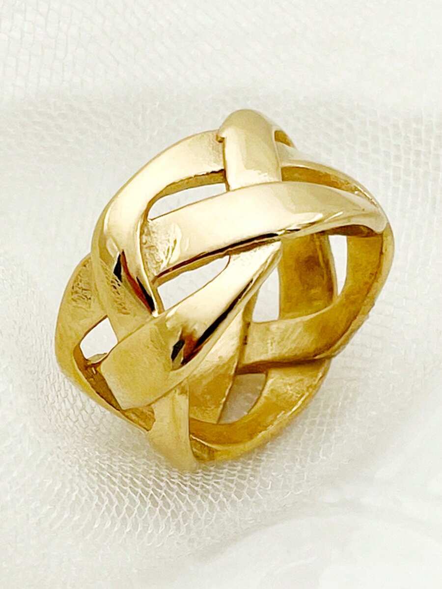 1 件复古奢华风格不锈钢镀金戒指，饰有复杂的交织线条装饰，独特的 3D 造型，适合女性在晚会等特殊场合佩戴