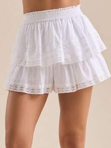 Pantalones cortos de mujer con volantes en capas, sueltos, de patchwork con encaje, de cintura elástica, de color sólido/floral, shorts mini casuales de verano para uso urbano - Blanco - Ver 4