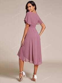 EVER-PRETTY Abito da damigella d elegante con maniche a balze, plissettato, in chiffon con stampa floreale, per cerimonie formali e ospiti di matrimonio