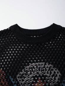 BLACKTOEXIT 春夏男女款純色寬鬆休閒運動印花鏤空圓領針織短袖套頭上衣 - 黑色 - 查看 8