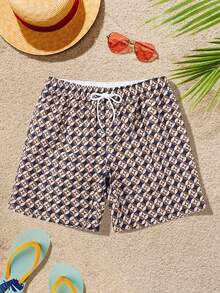 Men's Simple Casual Plaid Beach Shorts With Pockets, Holiday Beach Swim Trunks - Brown - View 2