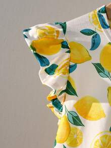 1pc Girls Fruit Lemon All-Over Print Cap Sleeve Dress, Spring/Summer - Yellow - View 5