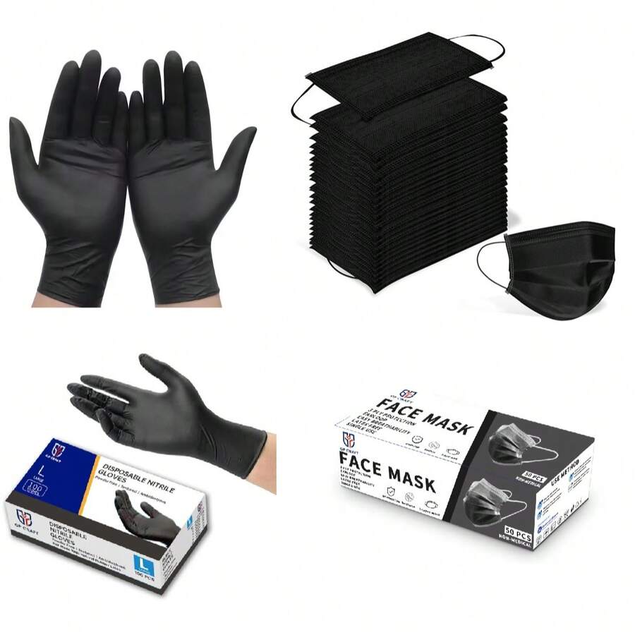 100Pcs 3.5Mil Black Disposable Nitrile Gloves+50pcs Disposable Black Mask, Water Resistant, Powder-Free, Latex-Free, Non-Sterile, Outdoor Food Household Cooking Cleaning Hair Nail Tattoo Salon - 黑色 - 查看 1