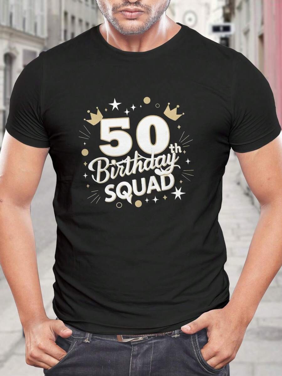 Camisetas divertidas para fiestas de 50 cumpleaños para hombres y mujeres | Diseño de corona dorada y estrella | Camisetas a juego para celebraciones grupales | Idea de regalo de cumpleaños - Negro - Ver 1